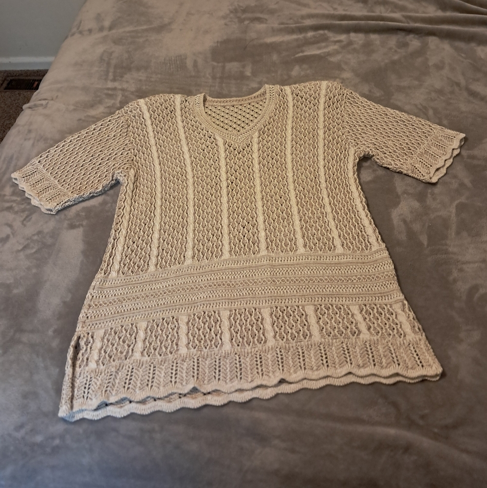 TICO Cotton (Pumat) Beige Short Sleeve Open Knit Crochet Womens Top Sz M L